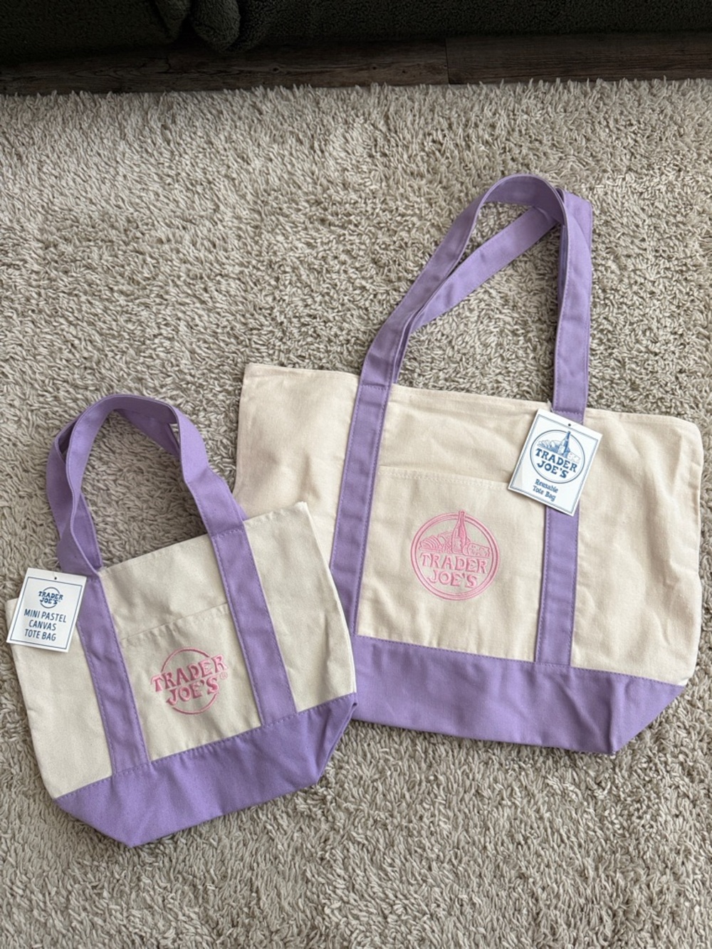 Cream & Lavender Canvas Tote Bag 1 regular tote bag + 1 mini tote bag